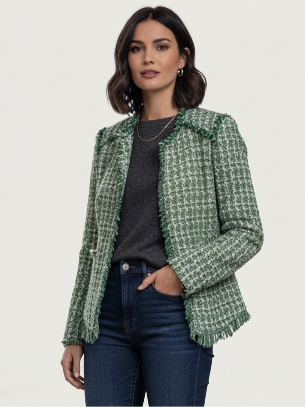 Mango Sz S Tweed Green Elegant Open Front Blazer